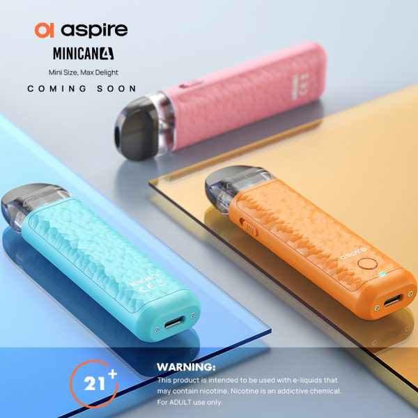 Aspire Minican 4 彩色款主機多角度展示，展現底部充電孔與氣流滑塊細節