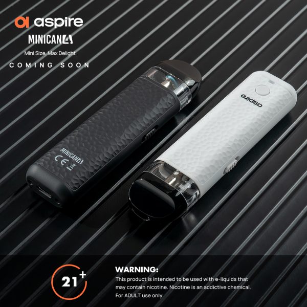 Aspire Minican 4 黑色與白色主機外觀對比，細節紋理與品牌標誌清晰可見