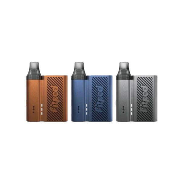 橘、藍、銀三色 FITPOD X-BOX 小煙主機並排展示，適合喜愛多色選擇的使用者