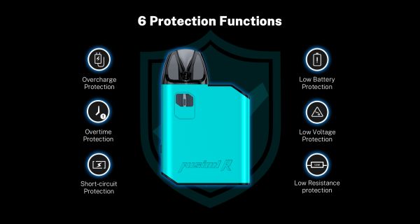 Hellvape Fusion R 六大安全機制圖示（過充、過放、短路、低電量、低電壓、低電阻）
