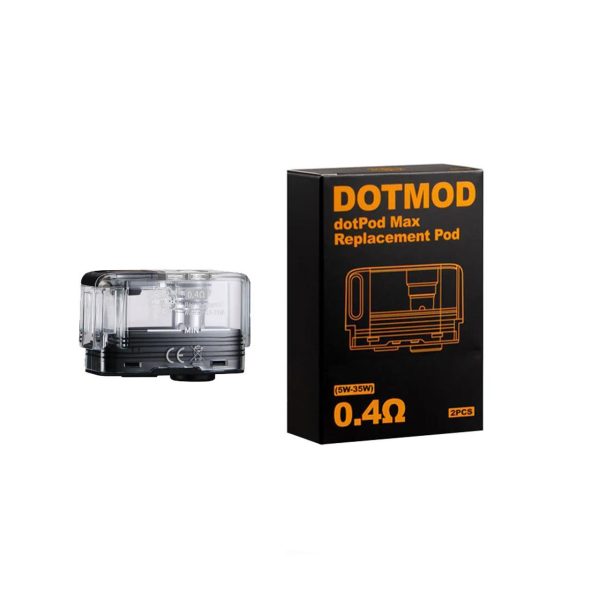 DotPod Max 專用煙彈（空彈）包裝與成品艙展示圖，0.4Ω 阻值版本