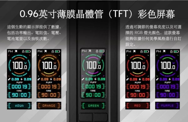 DotAMP AIO 0.96 吋 TFT 螢幕顯示介面，多色主題切換畫面