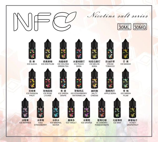 NFC 尼古丁鹽煙油 30ml 系列全口味總覽，包含冰果、茶感、奶甜等多元風味，適用小煙主機使