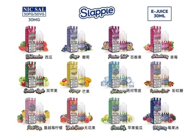Snapple 思樂寶煙油全系列口味陣容圖，包含草莓、芒果、百香果、西瓜、葡萄、雙蘋果、彩虹糖、絕對零度等多款果香風味