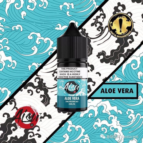 ZAP AISU 煙油 Aloe Vera 蘆薈冰瓶身，搭配藍色日式浪花風背景
