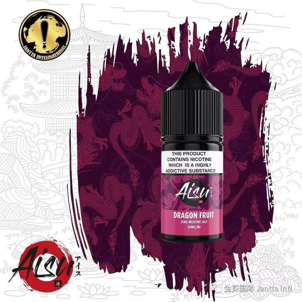 ZAP AISU 煙油 Dragon Fruit 火龍果瓶身，搭配紫紅色中國龍圖騰背景