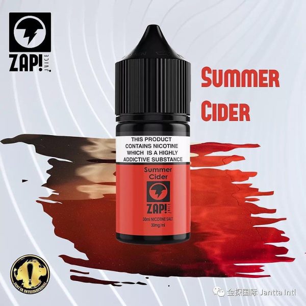 ZAP JUICE Summer Cider 夏日蘋果酒口味煙油，背景呈現紅酒液潑灑效果